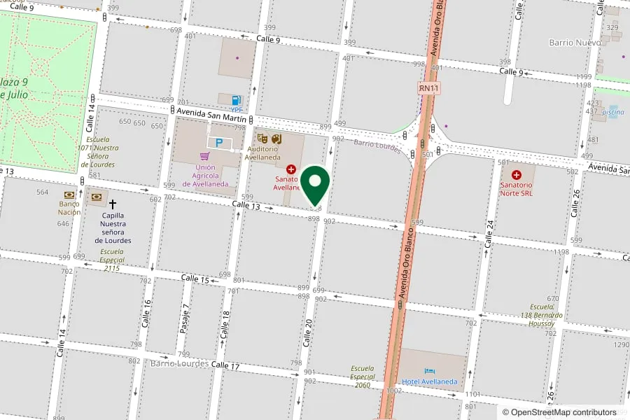Mapa de Avellaneda con la ubicación de la mutual marcada sobre Calle 13, entre la Plaza 9 de Julio y la Avenida Oro Blanco